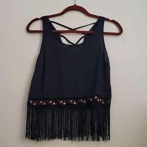 Black crop top with beautiful embroidery and fringe.